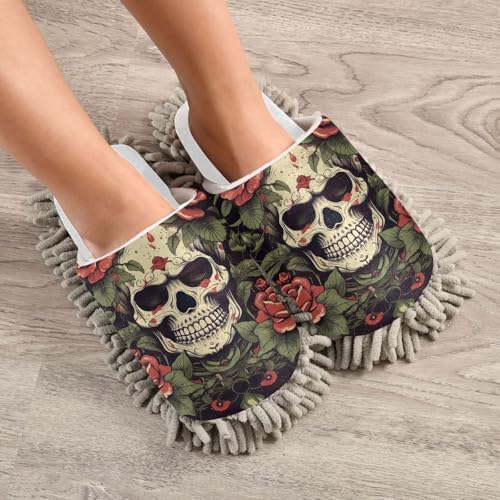 Running Bear White Skulls Rose Mop Slippers
