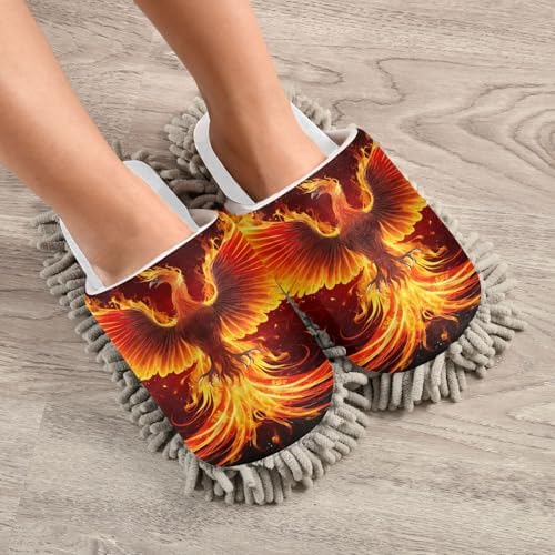 Sturdy Comfortable Fire Mop Slippers - White Phoenix Bird Design